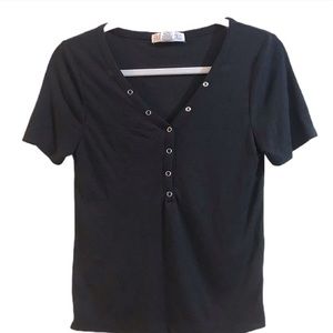 Basic V Neck Top Blouse Shirt Stretch Fitted Black 1/2 Snap Buttons Knit